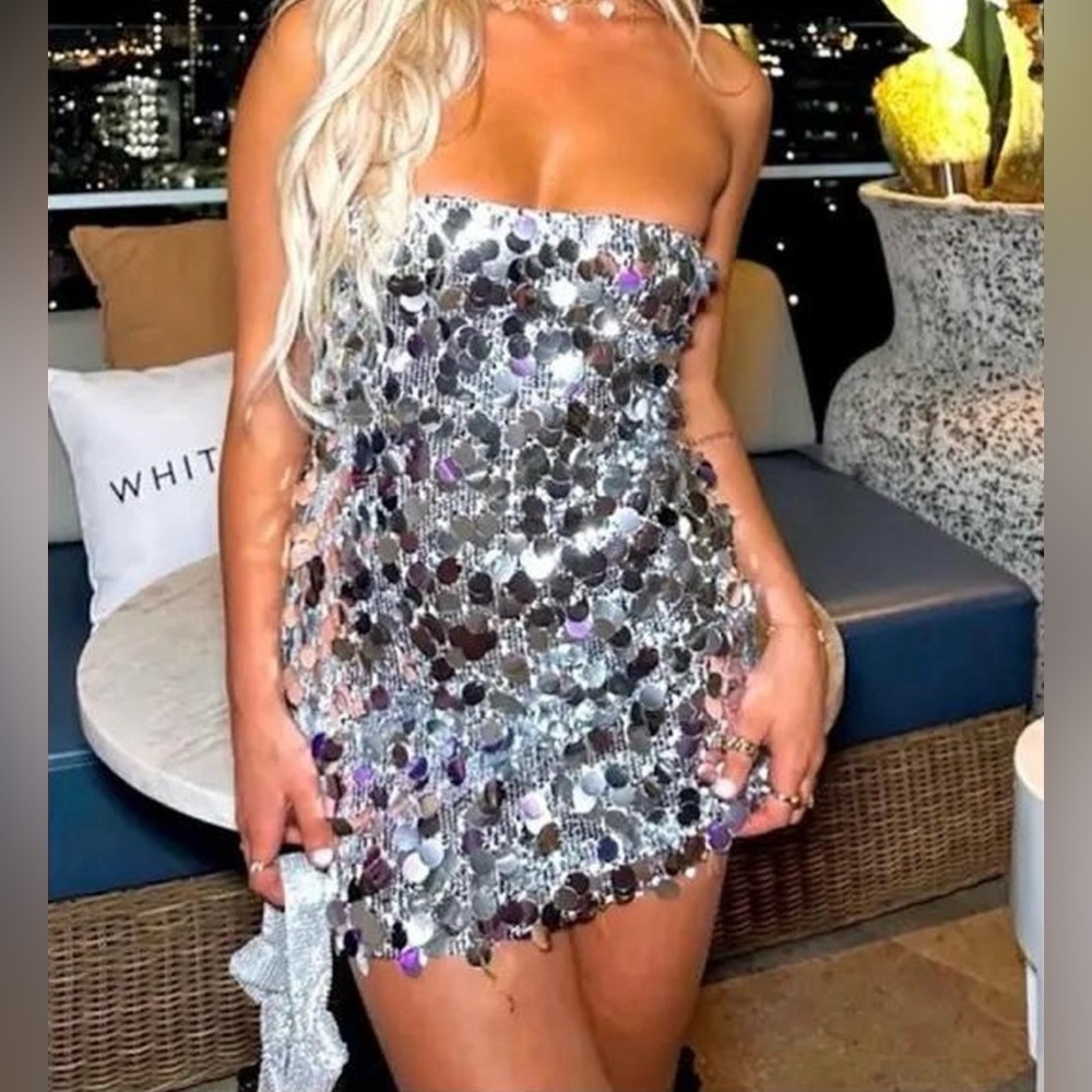 White Fox Boutique Silver Sequin Mini Dress
